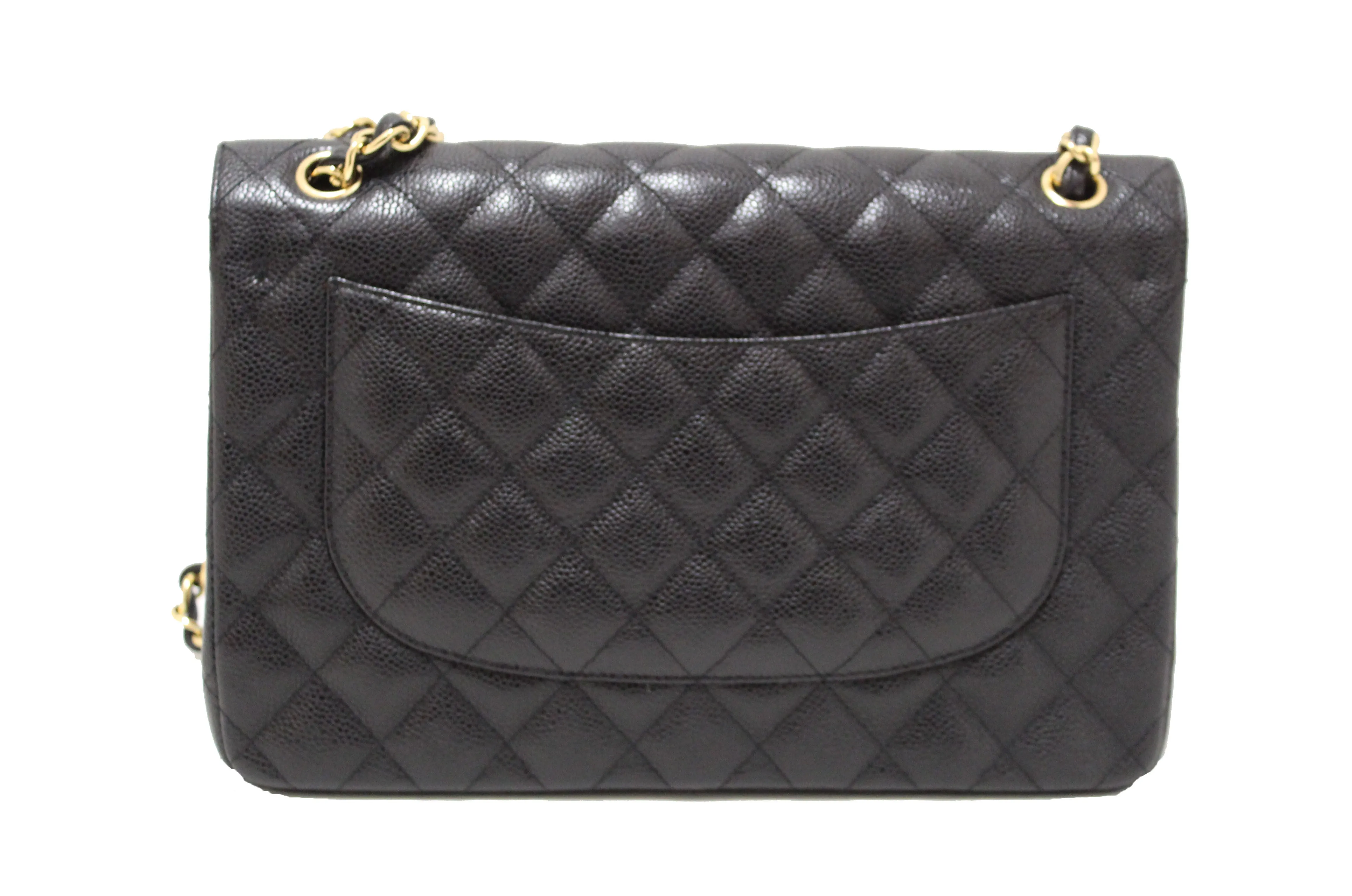 Authentic Chanel Black Quilted Caviar Leather Classic Jumbo Double Flap Bag