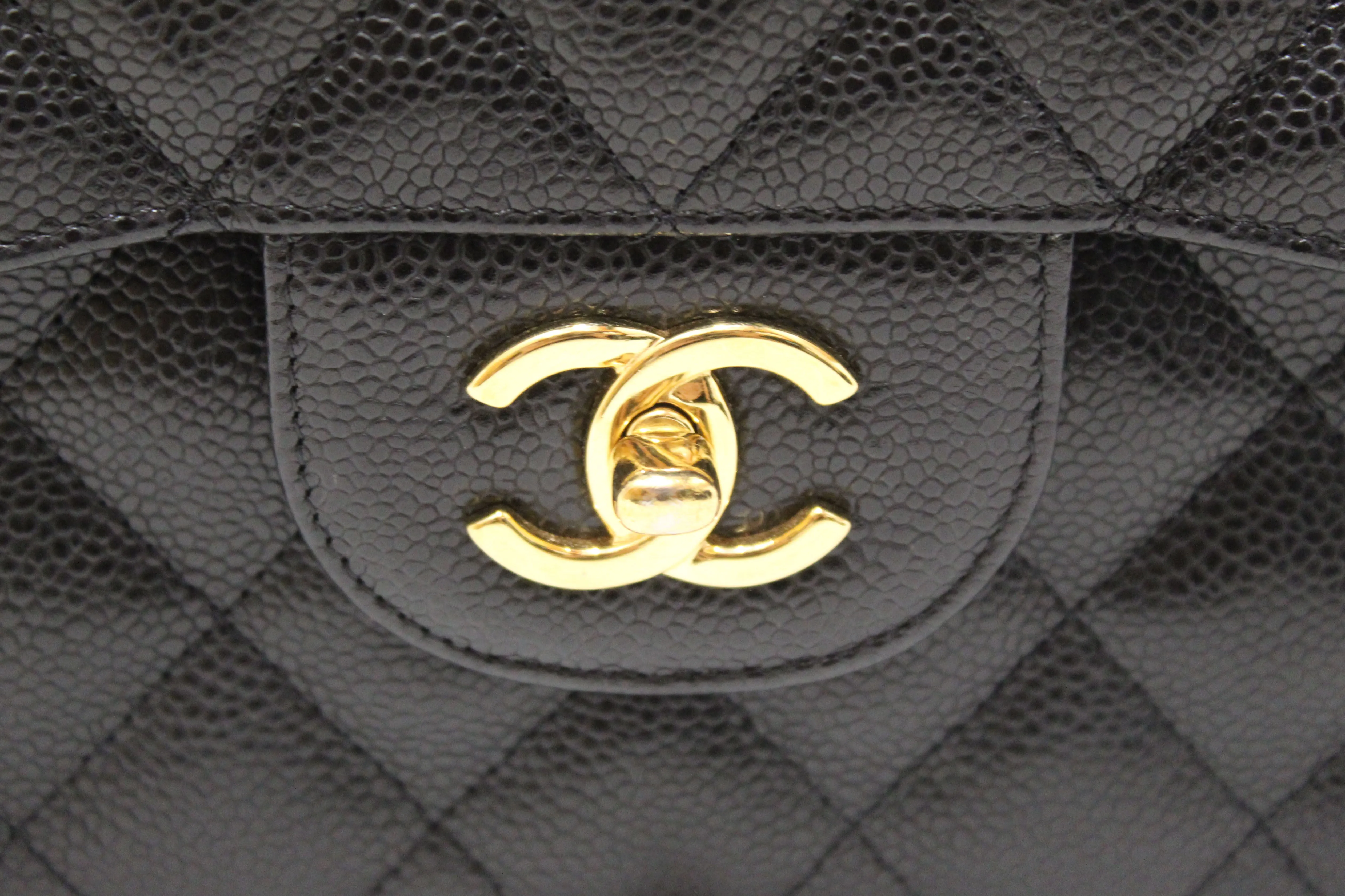 Authentic Chanel Black Quilted Caviar Leather Classic Jumbo Double Flap Bag