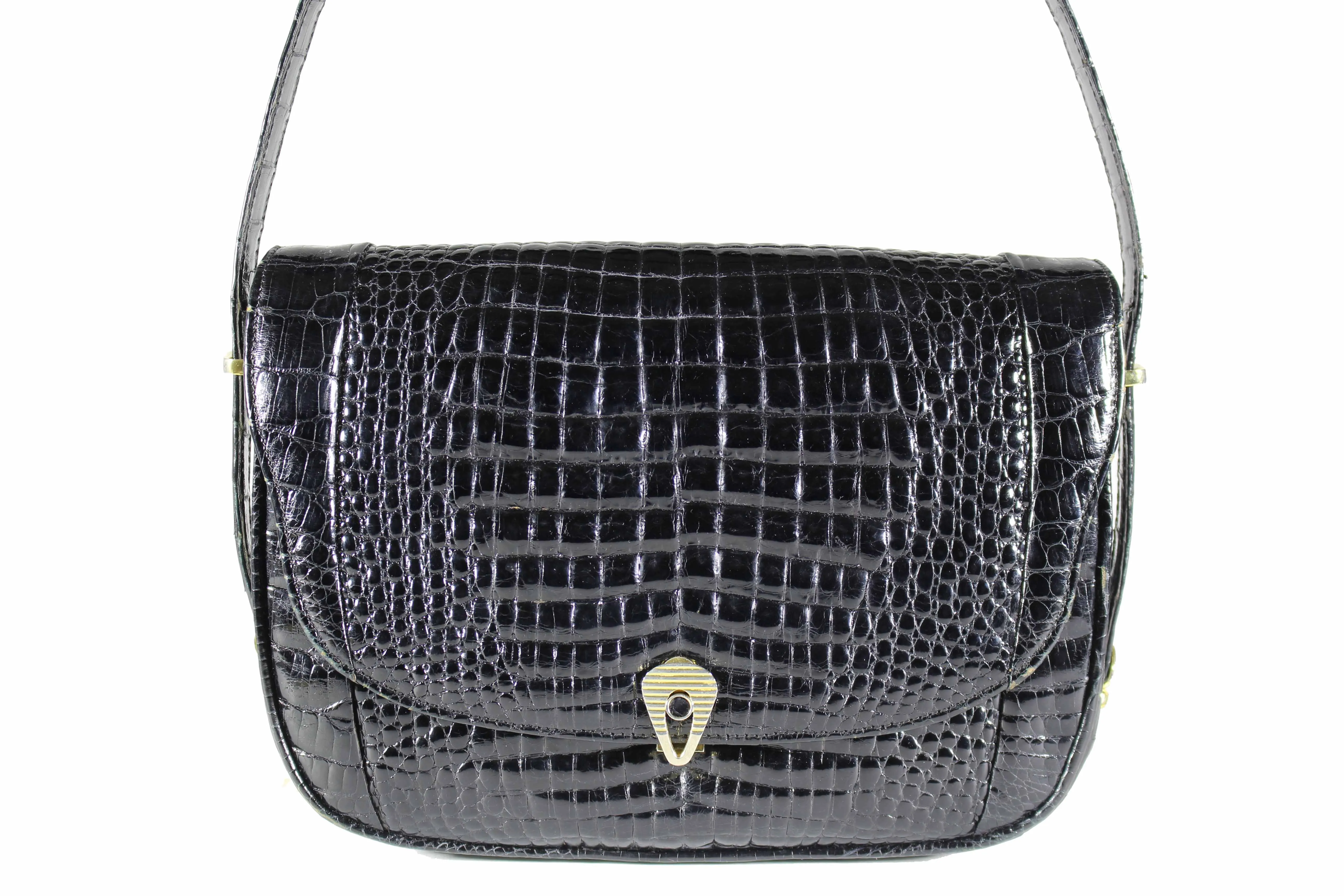 Black crocodile skin handbag with adjustable handle