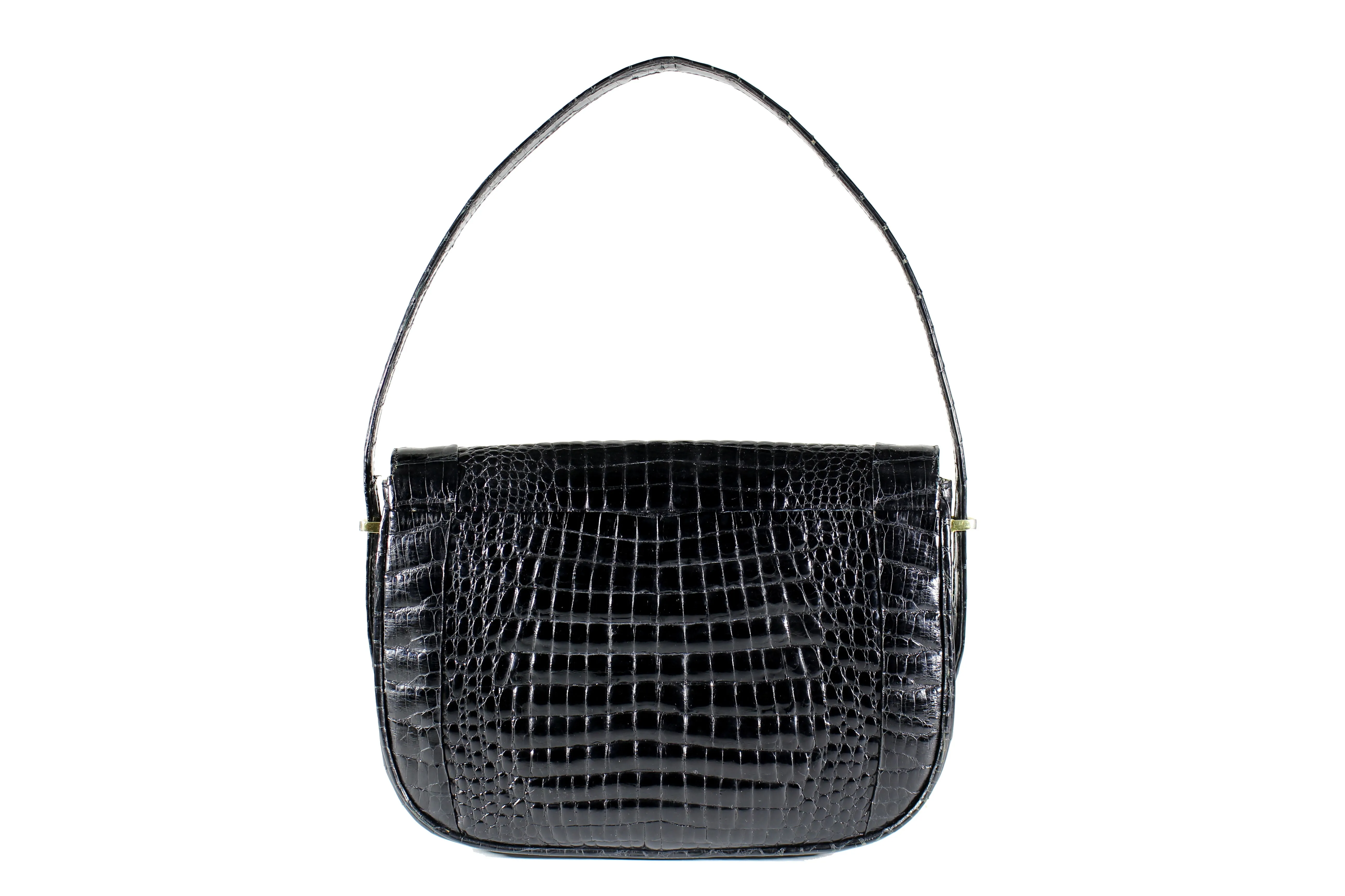 Black crocodile skin handbag with adjustable handle