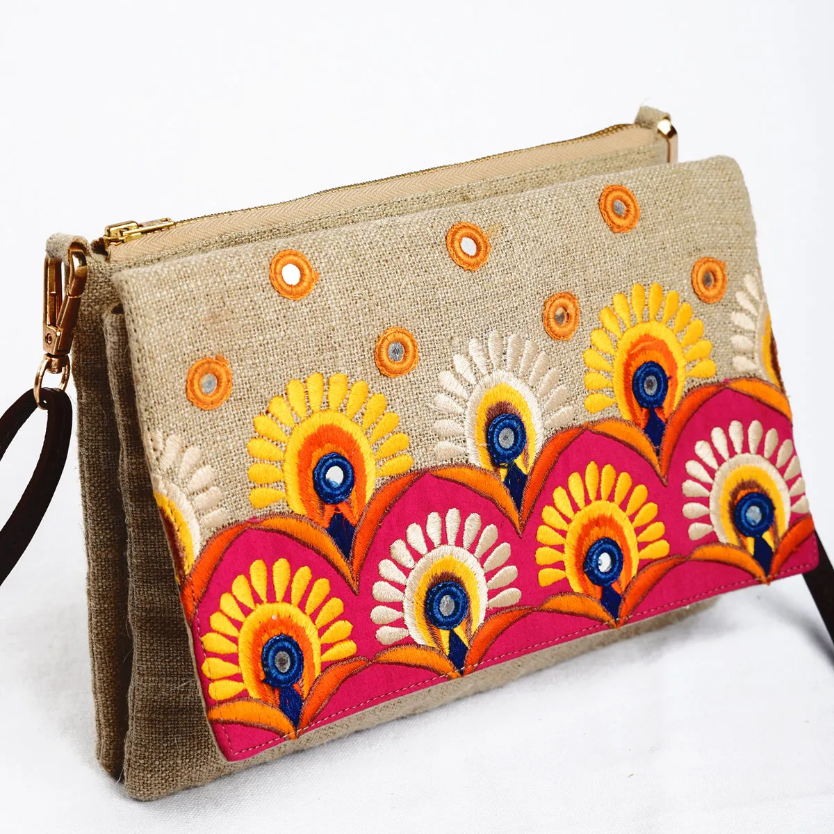 Boho Sling bag, Linen fabric with Kutch embroidery pattern