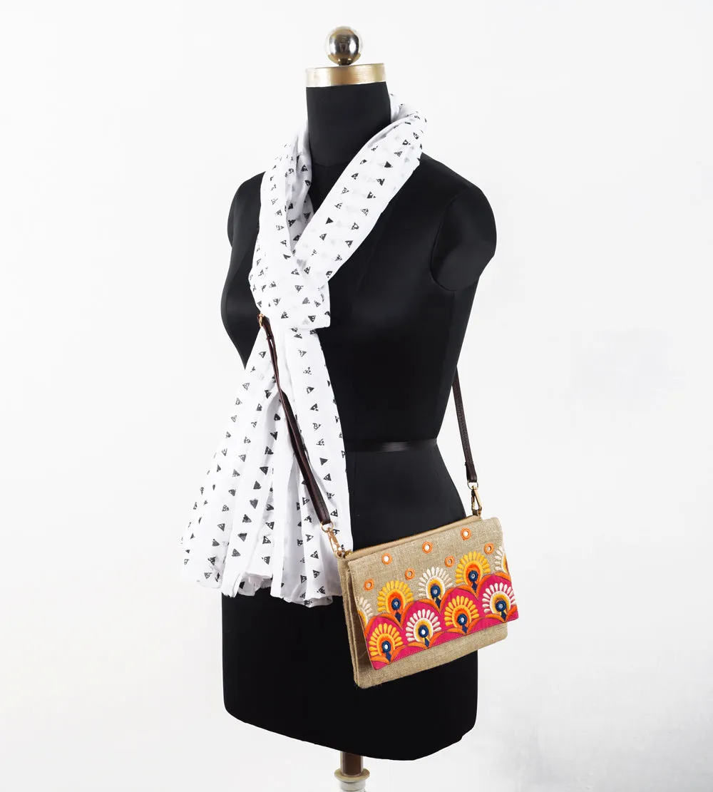 Boho Sling bag, Linen fabric with Kutch embroidery pattern