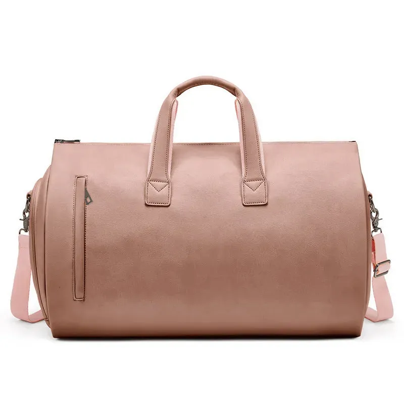 Champagne PU Leather Travel Duffel Bag - Large Capacity Waterproof Suit Bag with Shoe Compartment