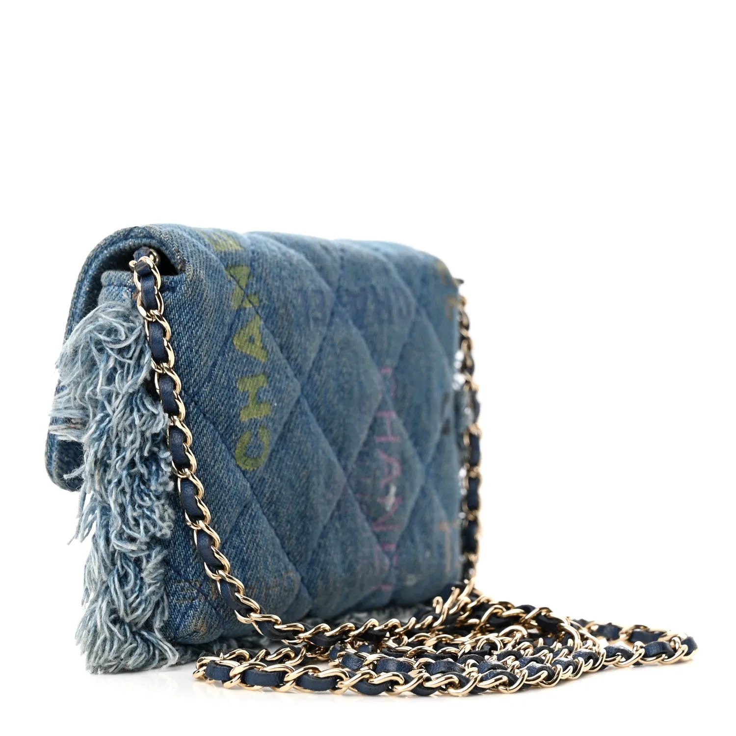 Denim Quilted Denim Mood Clutch With Chain Blue Multicolor