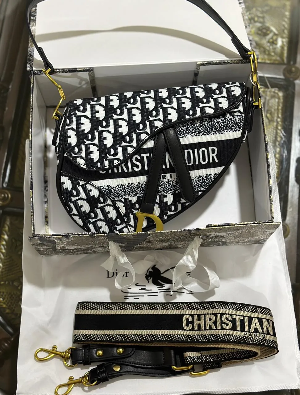 Dior Saddle Bag with Embroidered Long Belt for Women (Black White)