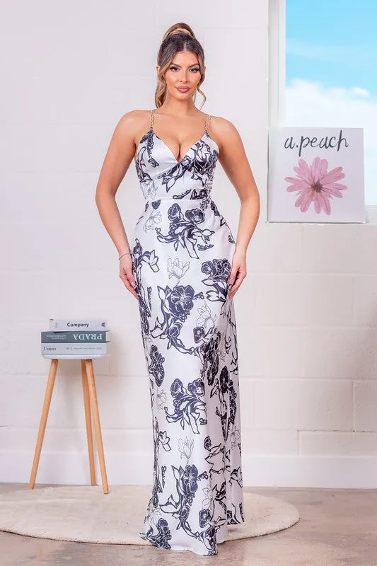 DRESS- SATIN SLIP FLORAL MAXI DRESS