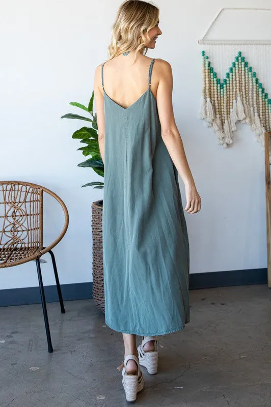 DRESS- V-neck Strap Sleeveless Tencel Maxi Dress