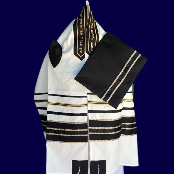 Elegant Black and Champagne pattern White Wool Tallit