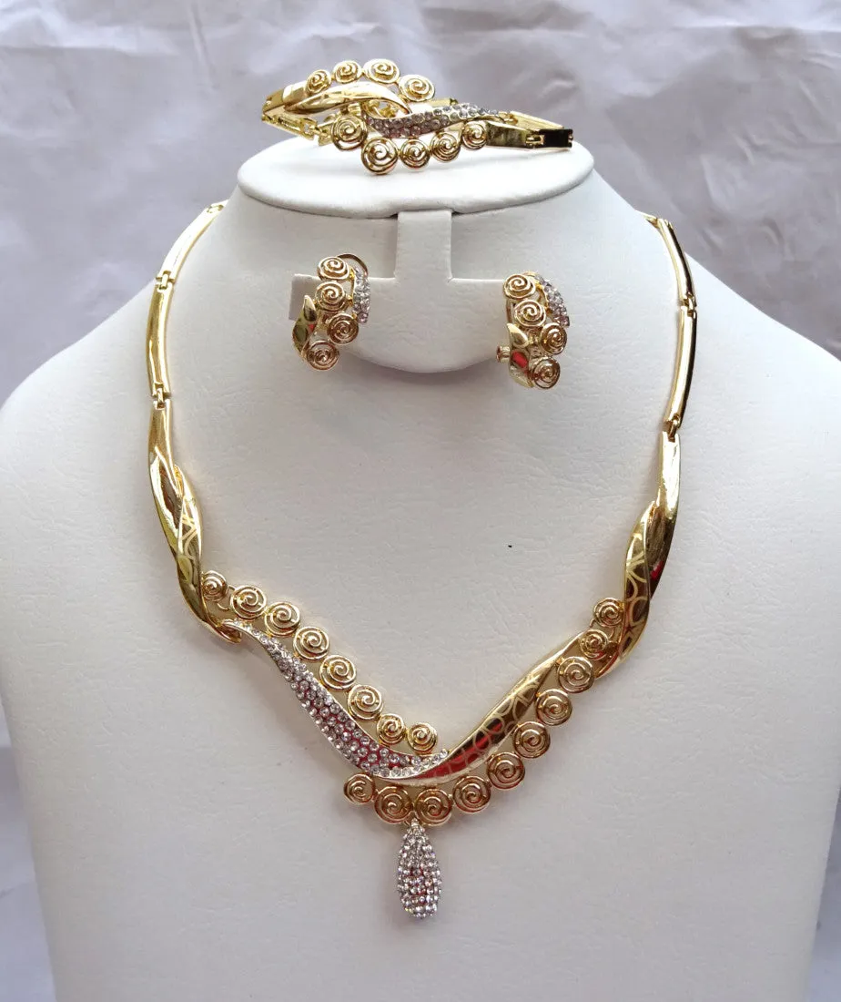 Elegant Gold Plated Rhinestones Party Necklace Earring Jewelry Set