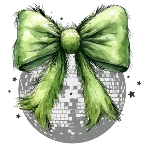 Green bow and disco ball, Heat transfer, press and peel, DIY, Shirt design