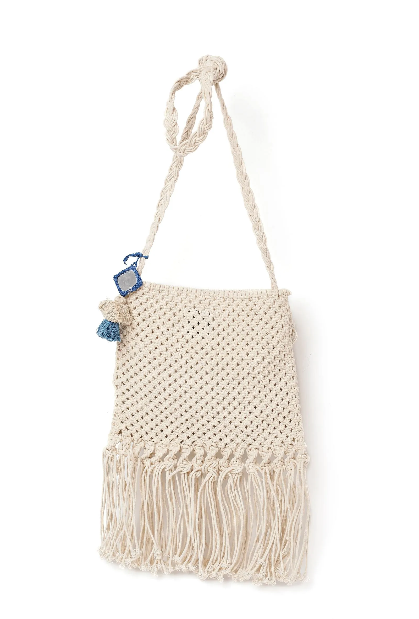 Honeydew Macrame Tote Bag With Blue Tassels