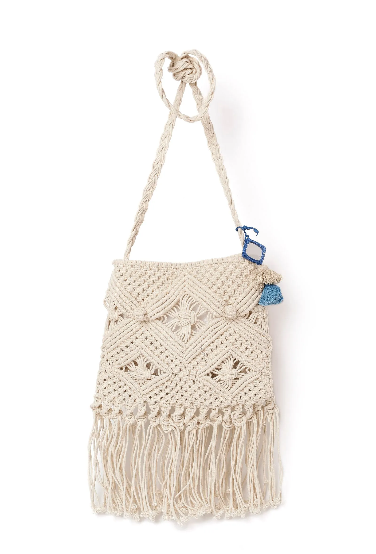 Honeydew Macrame Tote Bag With Blue Tassels