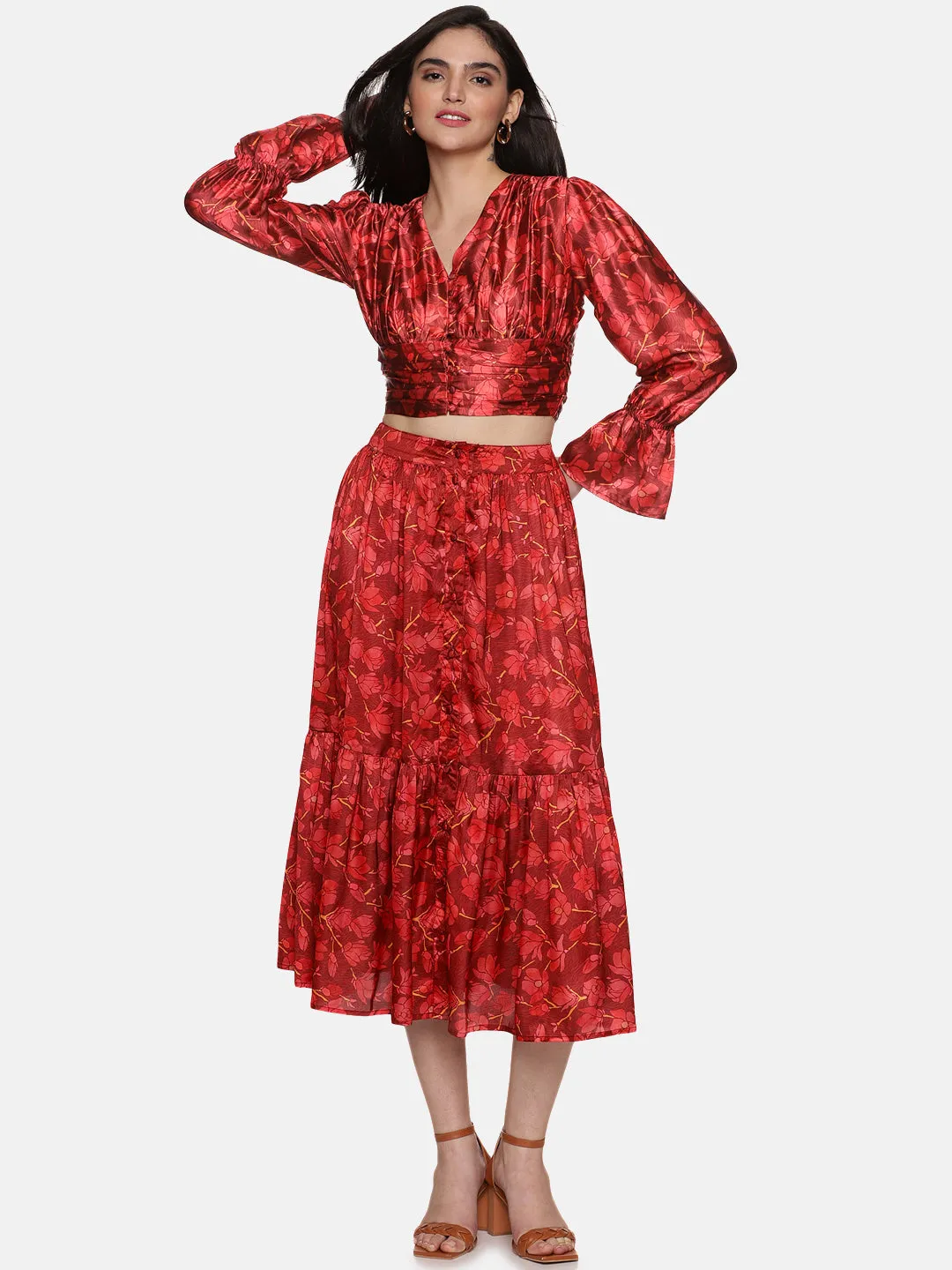 IS.U Floral Maroon Button Down Co-ord Set