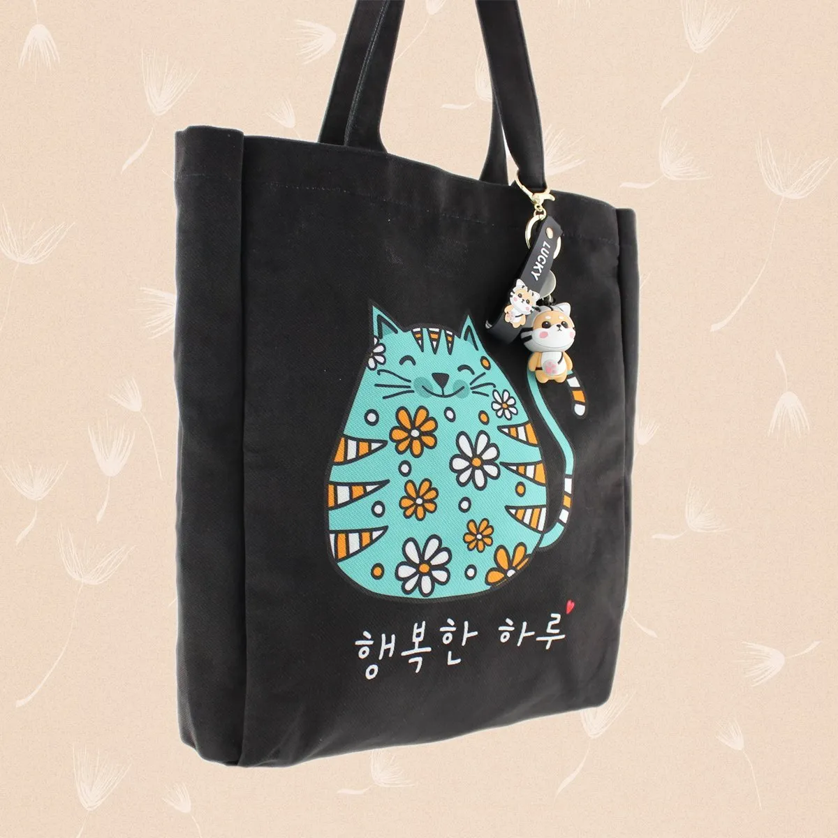 Korean KPOP Tote Bag Cartoon Cat Women Bag with a Shiba Inu Keychain