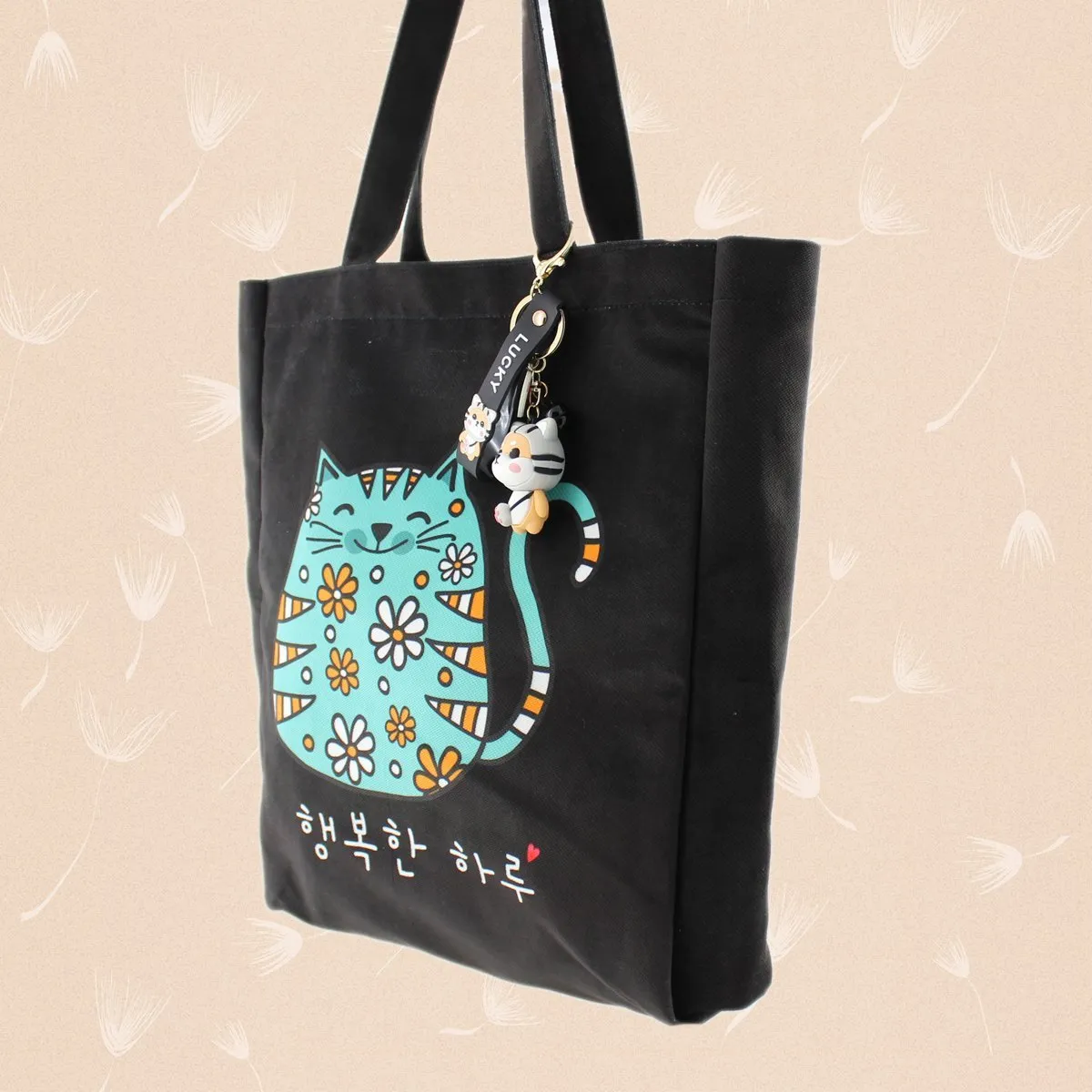 Korean KPOP Tote Bag Cartoon Cat Women Bag with a Shiba Inu Keychain