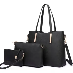 Miss Lulu Three Piece Tote Shoulder Bag and Clutch Set - Stylish Black PU Leather | Versatile & High-Quality