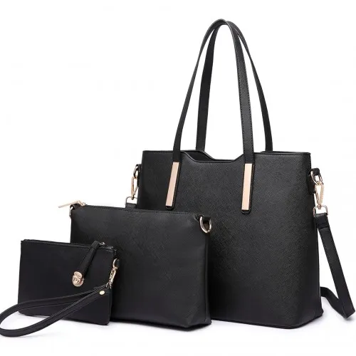 Miss Lulu Three Piece Tote Shoulder Bag and Clutch Set - Stylish Black PU Leather | Versatile & High-Quality