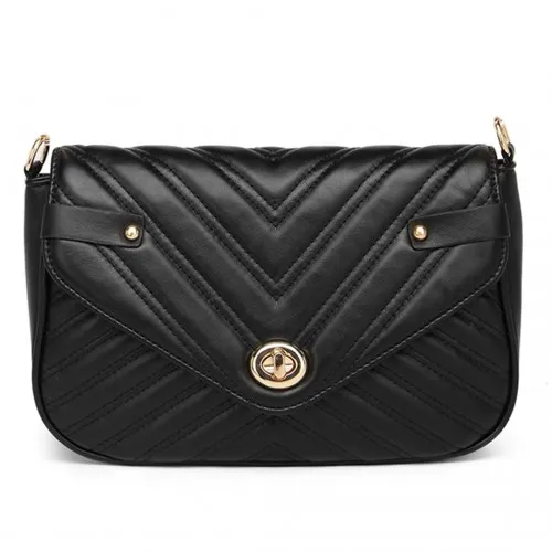 Miss Lulu V-quilted Flap Leather Shoulder Bag - Black | Premium PU Leather, Adjustable Strap, Spacious Interior