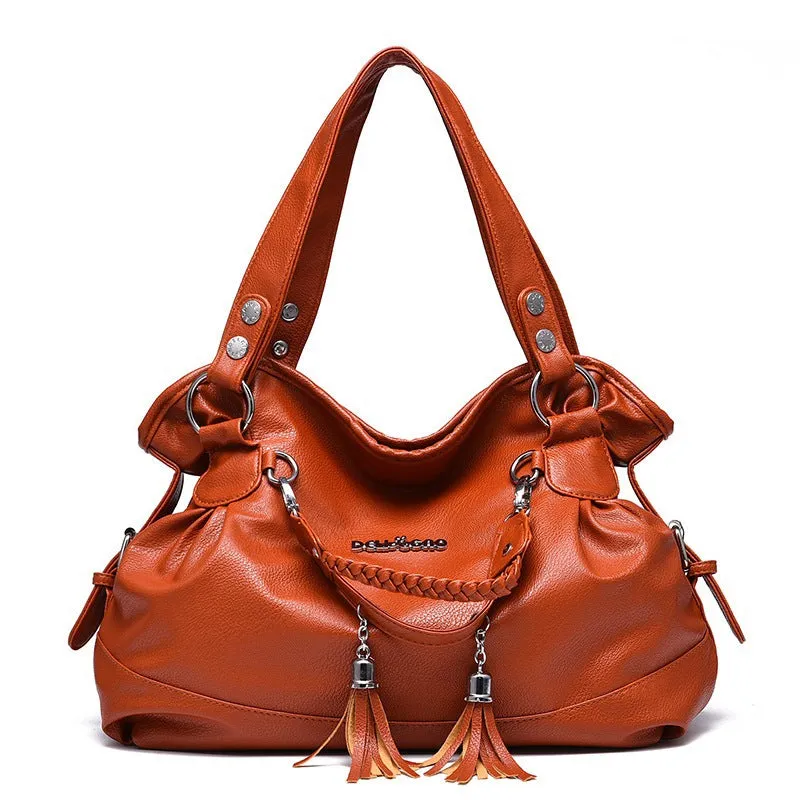 New large capacity soft leather tassel bag for middle-aged and elderly European and American trendy shoulder bag hand