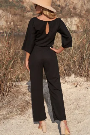 Outfit- Bracelet Sleeve Waist Tie Wide Leg Jumpsuit