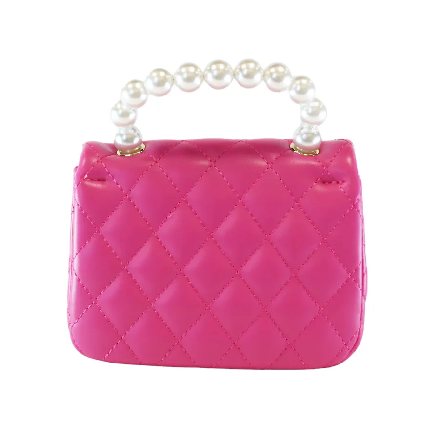 Pearl Handle Quilted Leather Purse w/ Charms - Fuchsia