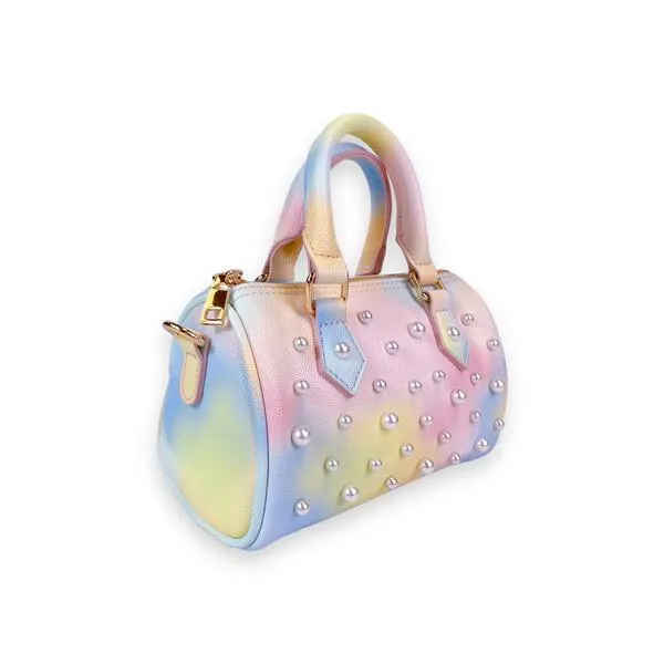 Pearl Studs Multi Color Leather Barrel Bag