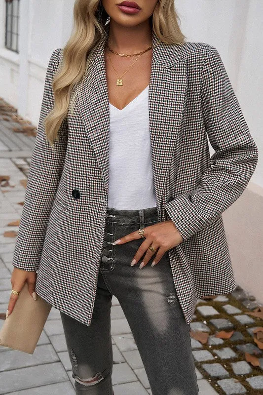 Shirt- Jacket- Pocket Houndstooth Button Lapel Neck Blazer