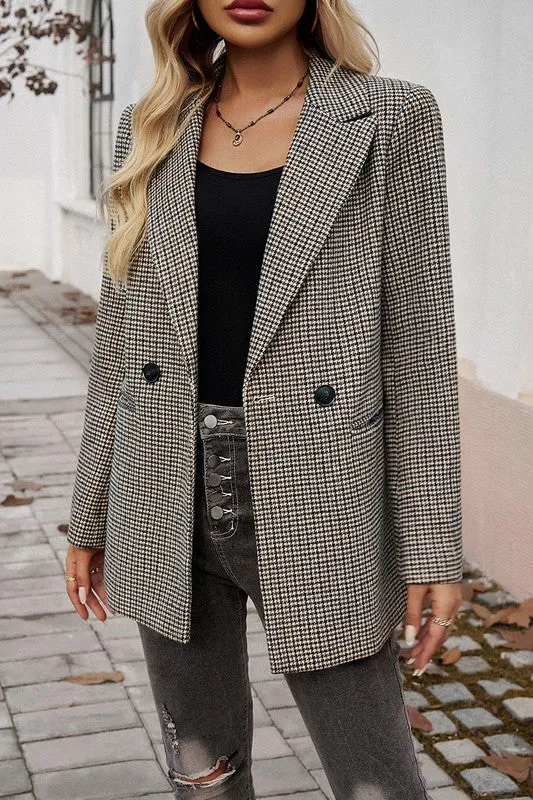 Shirt- Jacket- Pocket Houndstooth Button Lapel Neck Blazer