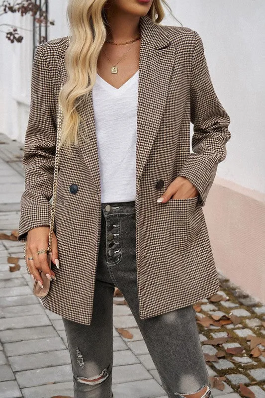 Shirt- Jacket- Pocket Houndstooth Button Lapel Neck Blazer