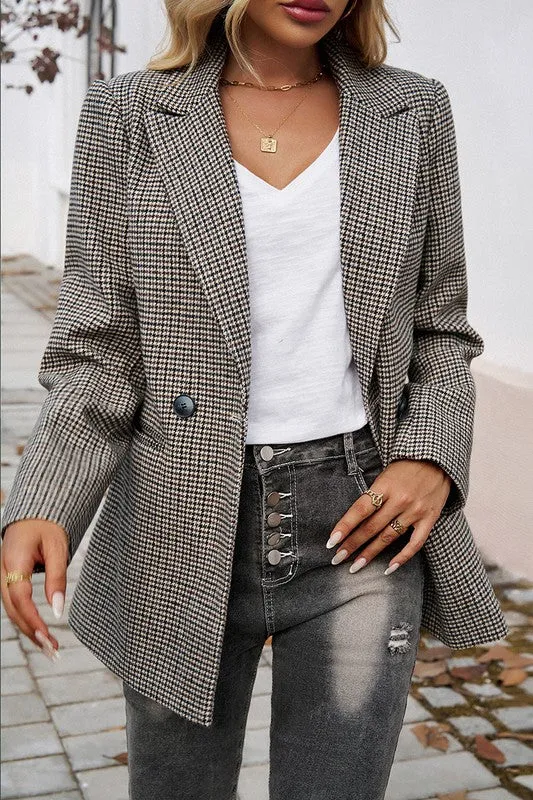 Shirt- Jacket- Pocket Houndstooth Button Lapel Neck Blazer