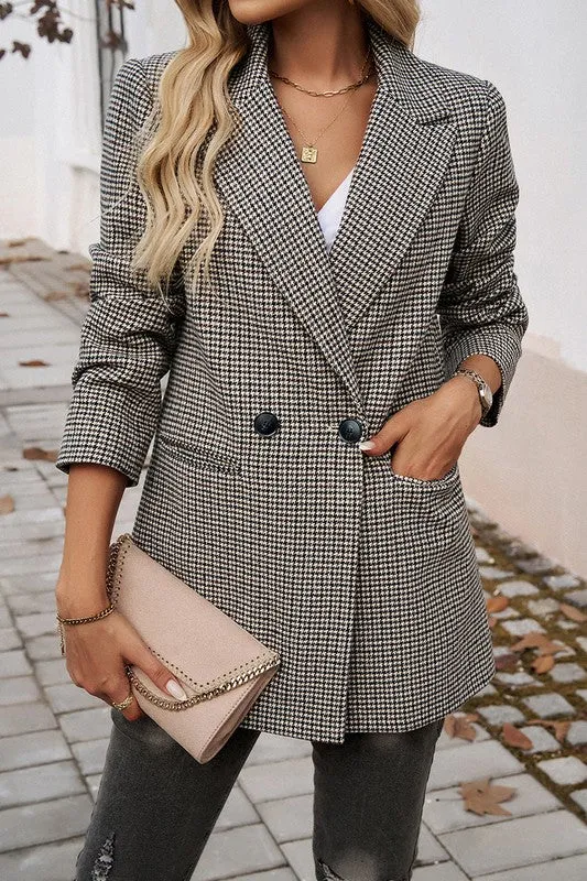 Shirt- Jacket- Pocket Houndstooth Button Lapel Neck Blazer