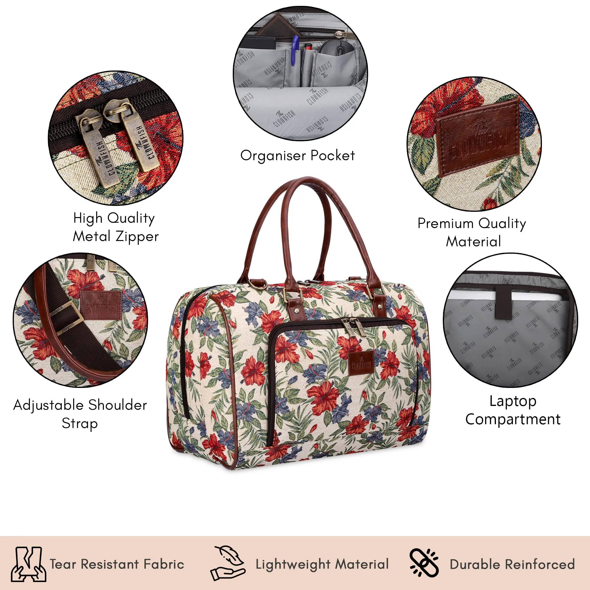 The Clownfish Oceania 28 litres Tapestry Unisex Business Travel Duffle Bag with 15.6 inch Laptop Sleeve (Maroon-Floral)