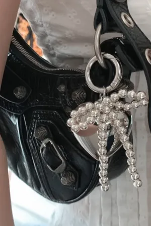 The Key To My Metallic Heart Pearl Ribbon Keychain