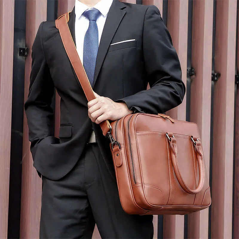 Vintage Style Leather Double Zip Business Laptop Bag