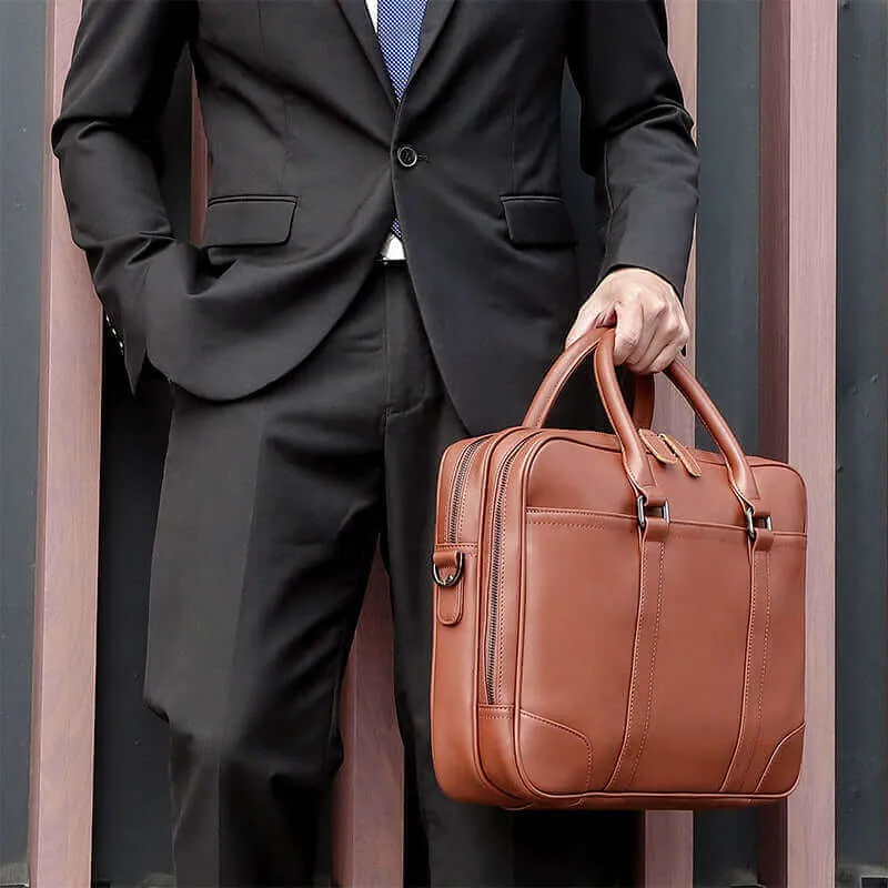 Vintage Style Leather Double Zip Business Laptop Bag