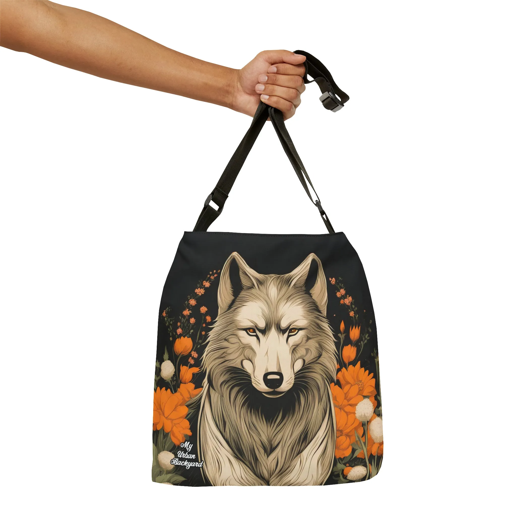 Wolf with Flowers, Tote Bag with Adjustable Strap - Trendy and Versatile